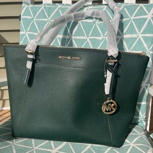 Michael Kors Forest Green Saffiano Leather Tote with Gold Hardware